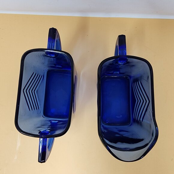 Vintage Cobalt Blue Glass Creamer & Sugar Set With Chevron Pattern - Picture 6 of 12